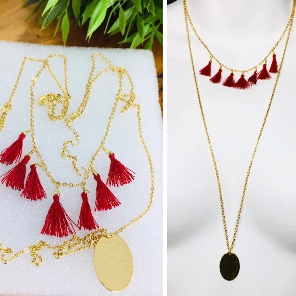 J.CREW Layered Necklace Red tassel Gold Pendant 4248